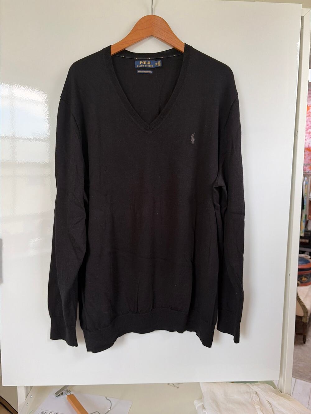 Polo Ralph Lauren Mens Black Washable Merino Wool V-Neck Sweater 4XB Big